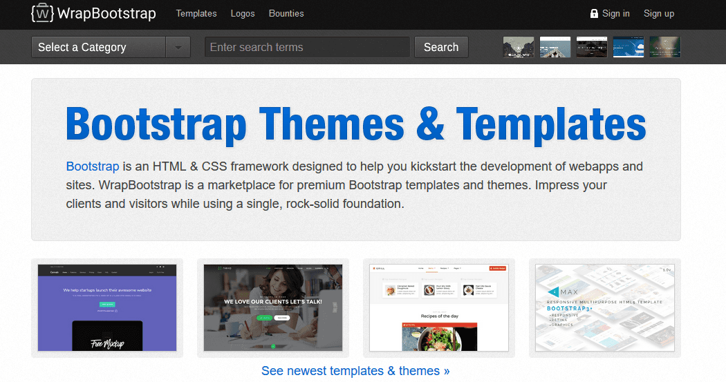 Screenshot of homepage of wrapbootstrap