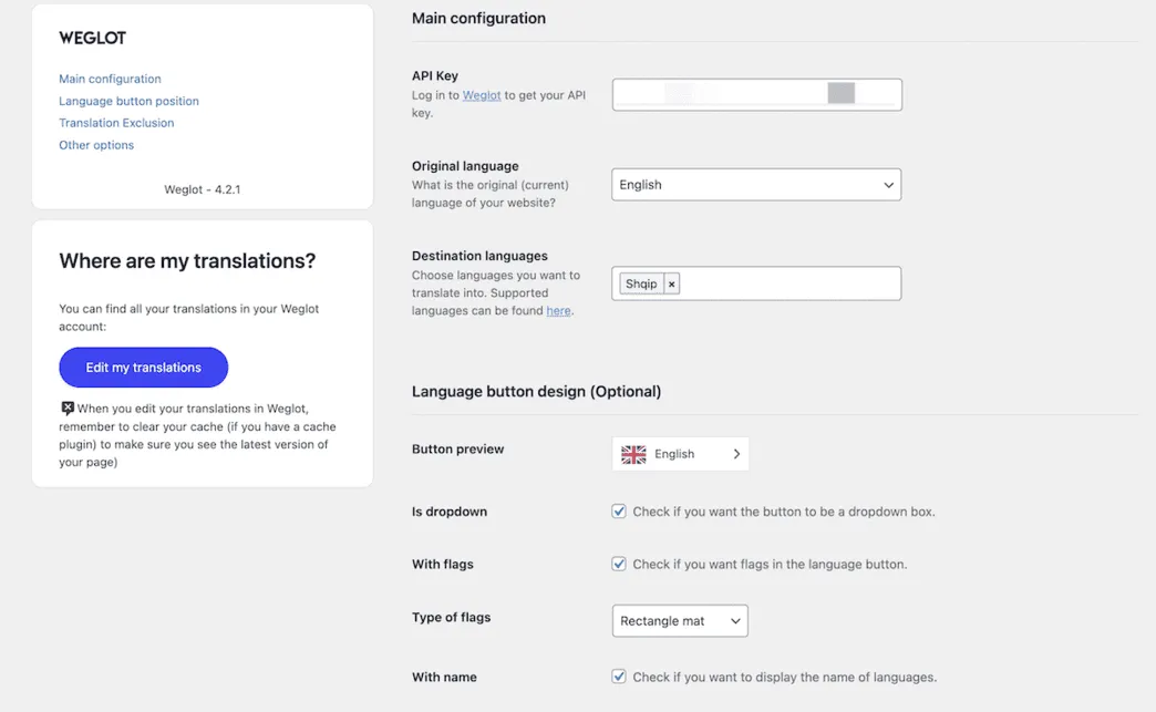 Translate WordPress Website: Weglot API key